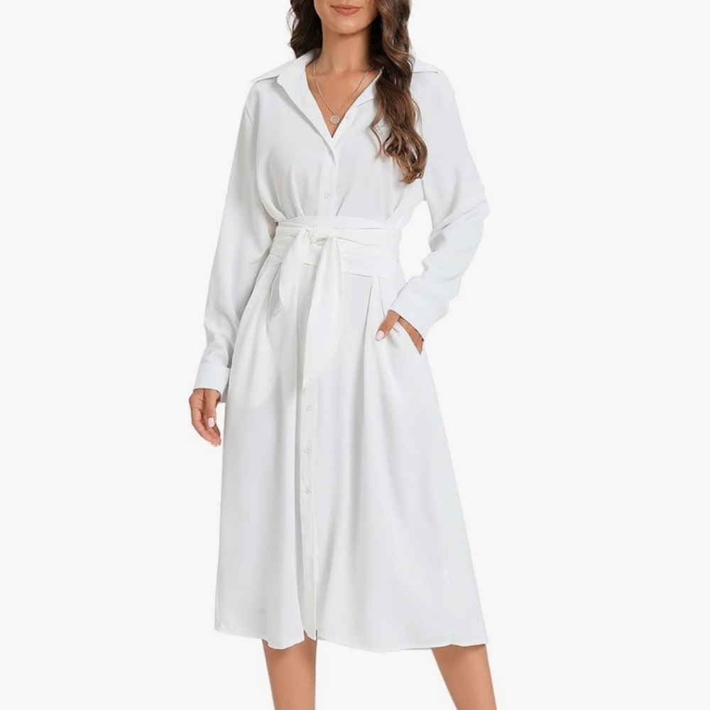 White lightweight Button Down Dress with Tie 13